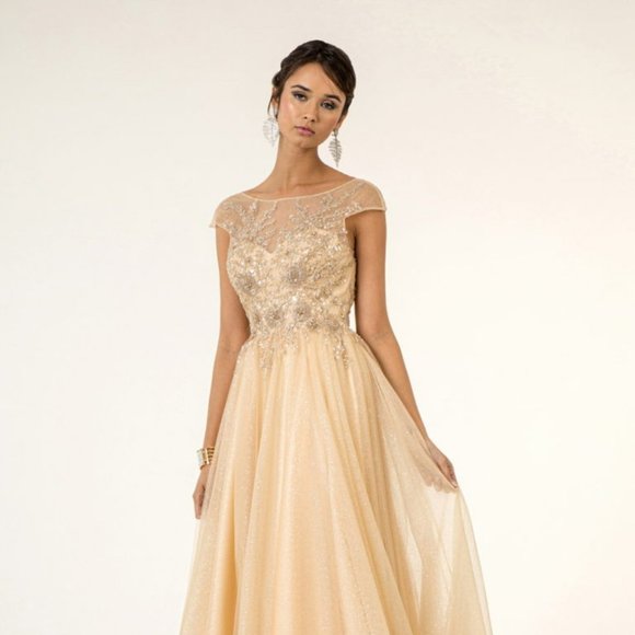 NEW A-LINE MESH DRESS WITH ILLUSION SCOOP NECK EMBROIDERED WITH SEQUINS GL1954 - Picture 1 of 12